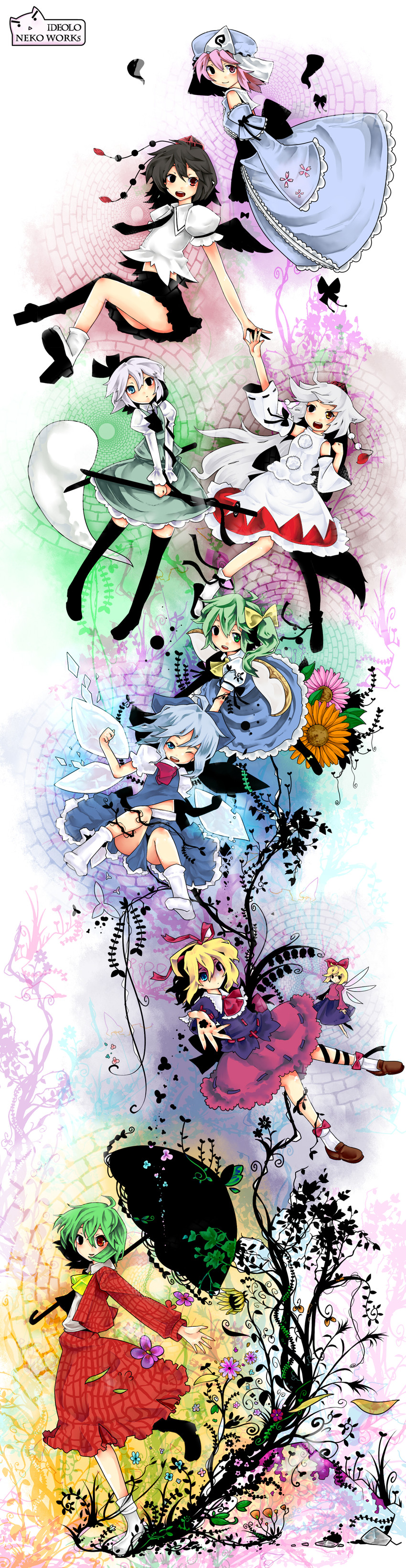 konpaku youmu, cirno, shameimaru aya, saigyouji yuyuko, inubashiri momiji, and 4 more (touhou) drawn by ideolo and nanami_(nanami811)