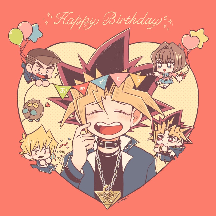 muto yugi, yami yugi, mazaki anzu, jonouchi katsuya, kuriboh, and 1 more (yu-gi-oh! and 1 more) drawn by um_e9