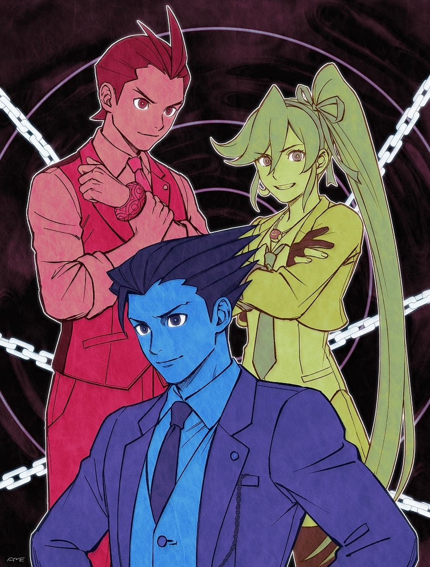 phoenix wright, apollo justice, and athena cykes (ace attorney) drawn by amemomism