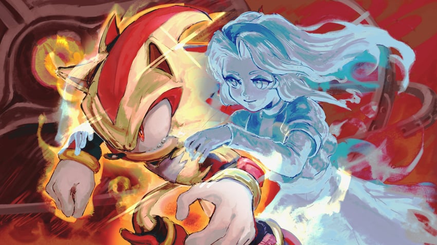 shadow the hedgehog, maria robotnik, super shadow, and black doom (sonic and 2 more) drawn by kornart
