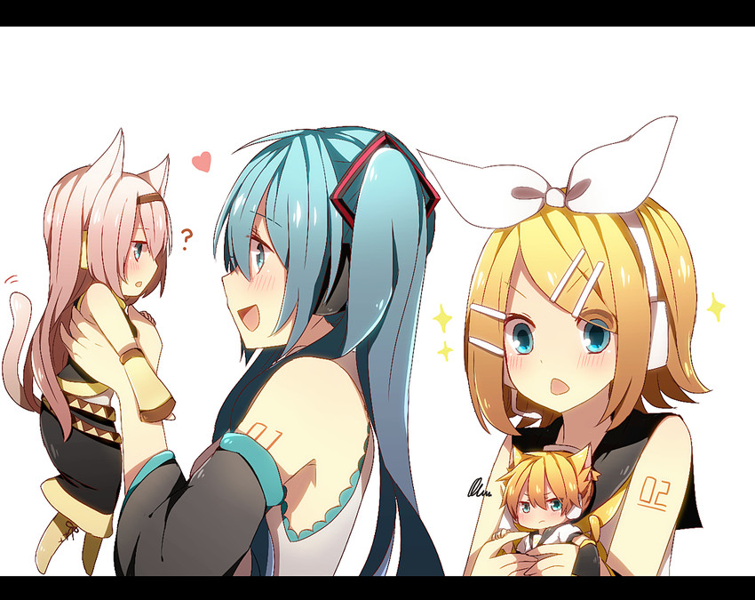 hatsune miku, kagamine rin, kagamine len, and megurine luka (vocaloid) drawn by harusawa