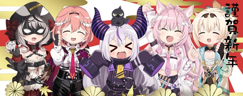 sakamata chloe, la+ darknesss, hakui koyori, kazama iroha, takane lui, and 2 more (hololive and 1 more) drawn by kyabetsu_ningen