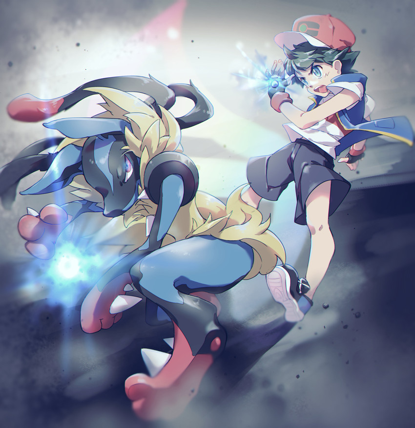 ash ketchum, lucario, and mega lucario (pokemon and 1 more) drawn by alire_poke