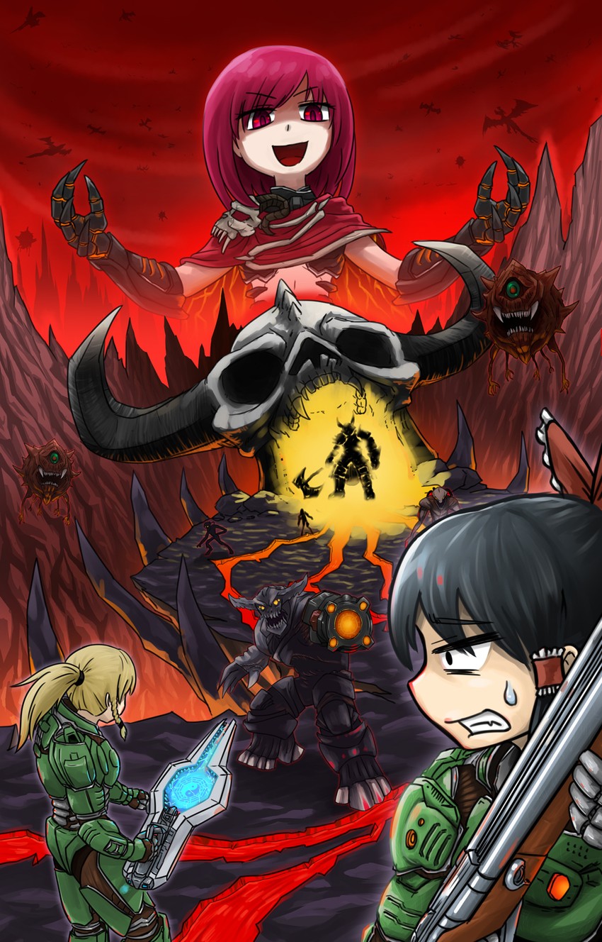hakurei reimu, kirisame marisa, hecatia lapislazuli, doomguy, cacodemon, and 3 more (touhou and 2 more) drawn by okema