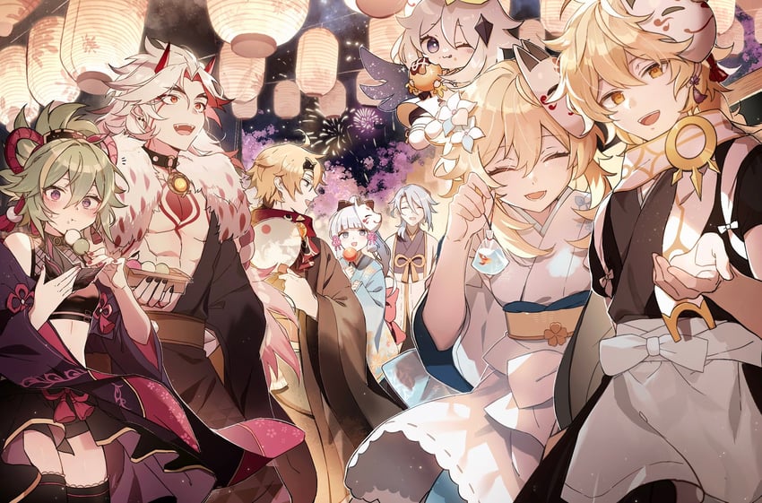 lumine, aether, paimon, kamisato ayaka, kamisato ayato, and 3 more (genshin impact and 1 more) drawn by kackaorz1