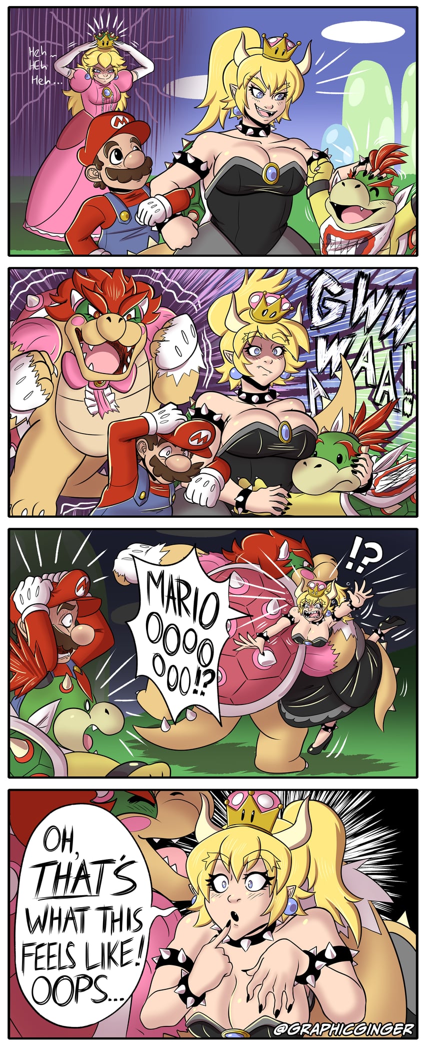 princess peach, mario, bowsette, bowser jr., and lord peach (mario and 1 more) drawn by thegraphicginger