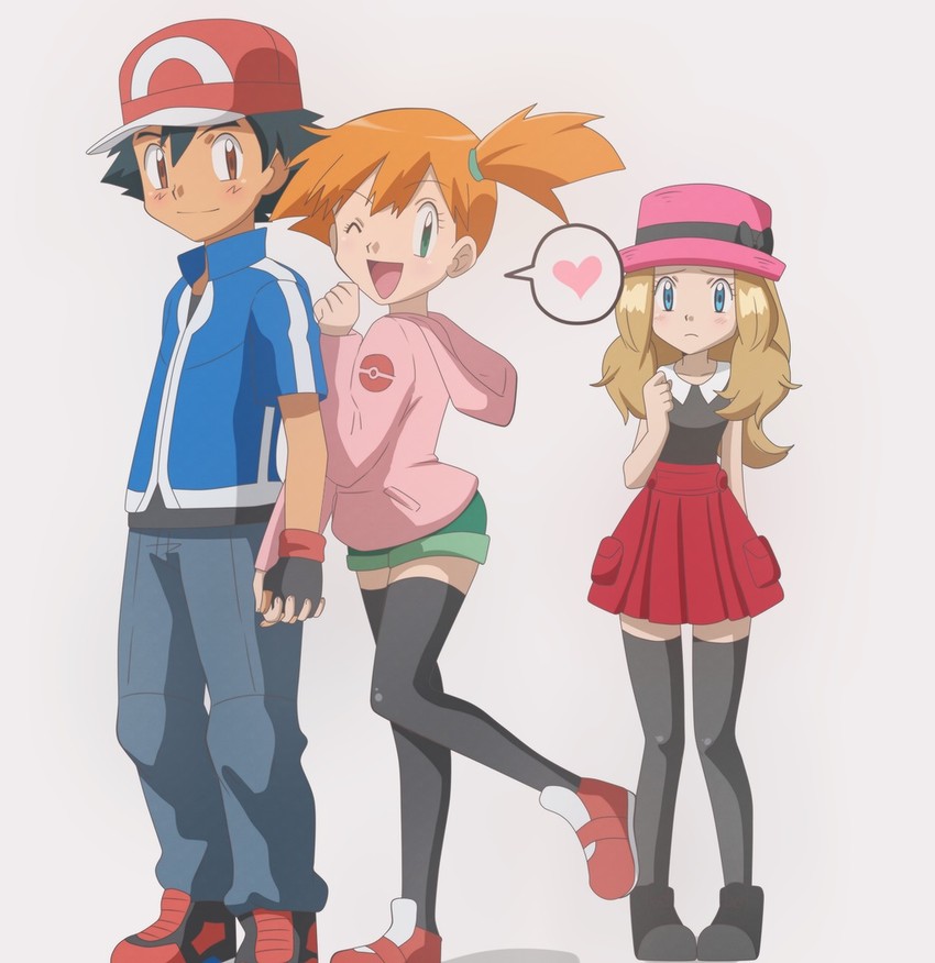 ash ketchum, serena, and misty (pokemon and 1 more) drawn by meiji_(kurumierika)