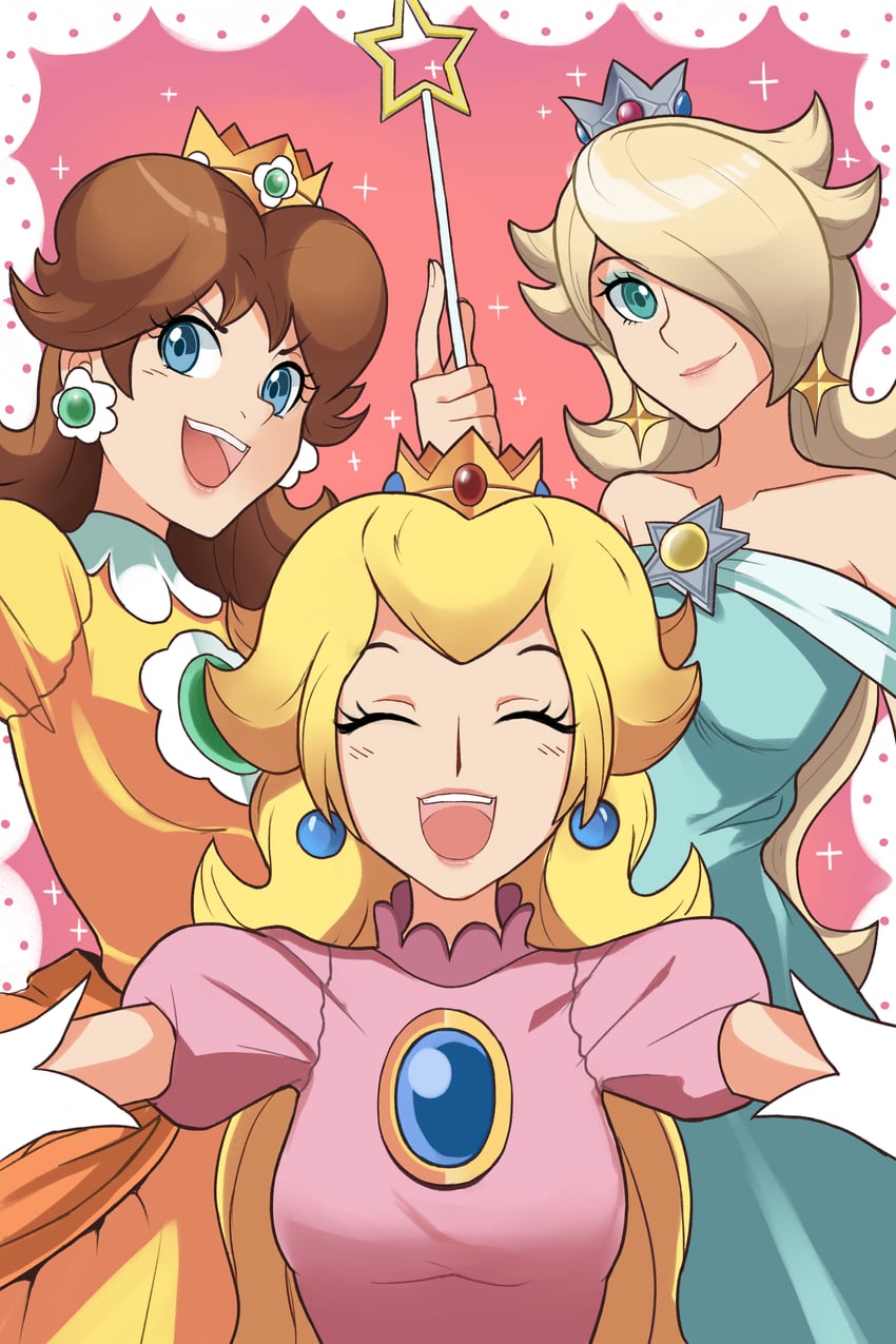 princess peach, rosalina, and princess daisy (mario and 1 more) drawn by sally_(luna-arts)