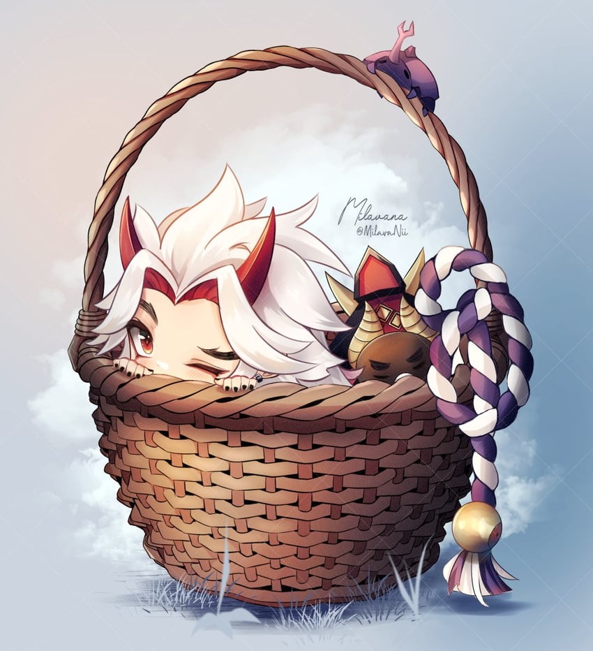 arataki itto, onikabuto, and ushi (genshin impact) drawn by milavana