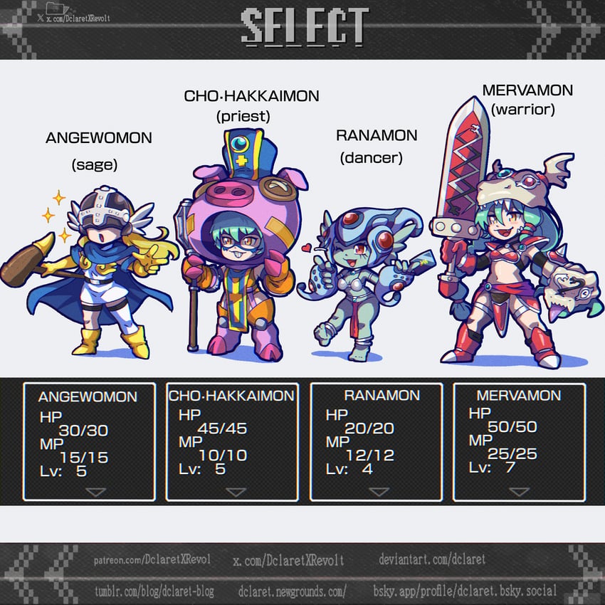 angewomon, warrior, sage, priest, ranamon, and 2 more (dragon quest and 2 more) drawn by dclaret