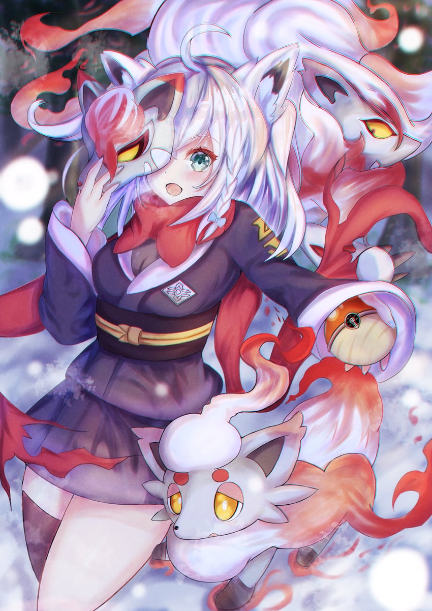 shirakami fubuki, akari, hisuian zorua, and hisuian zoroark (pokemon and 2 more) drawn by soma443