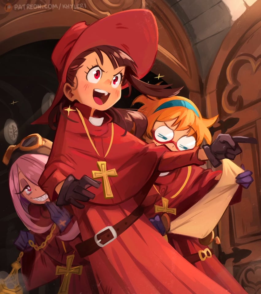 kagari atsuko, sucy manbavaran, lotte jansson, cardinal ximenez, and cardinal biggles (little witch academia and 2 more) drawn by khyle.