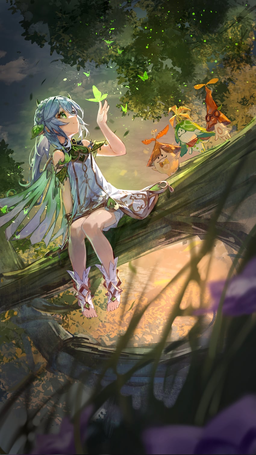 nahida, aranara, crystalfly, arama, arapandu, and 1 more (genshin impact) drawn by yu_hydra