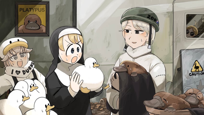clumsy nun, penguin keeper, kangaroo keeper, and cassowary keeper (little nuns and 1 more) drawn by diva_(hyxpk)