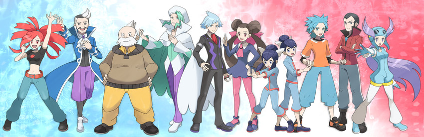 steven stone, flannery, roxanne, wallace, winona, and 6 more (pokemon and 4 more) drawn by nishikawa_(fe)