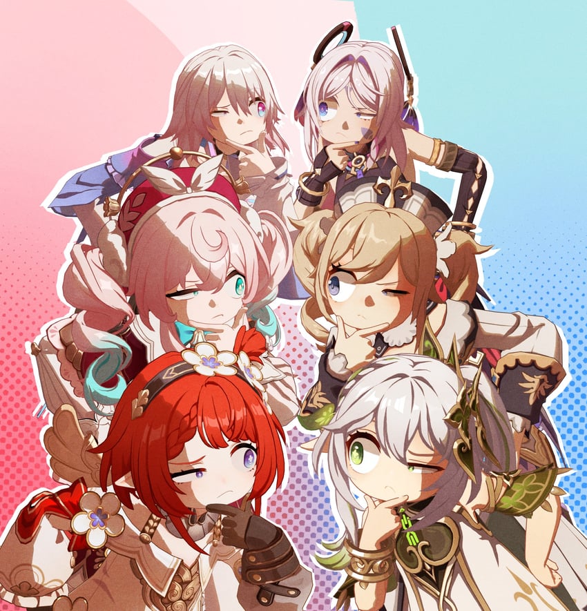 nahida, march 7th, barbara, citlali, hyacine, and 1 more (genshin impact and 3 more) drawn by littleredhoodd