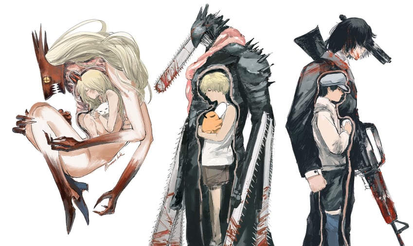 power, hayakawa aki, pochita, meowy, chainsaw devil, and 2 more (chainsaw man) drawn by monotone_ink