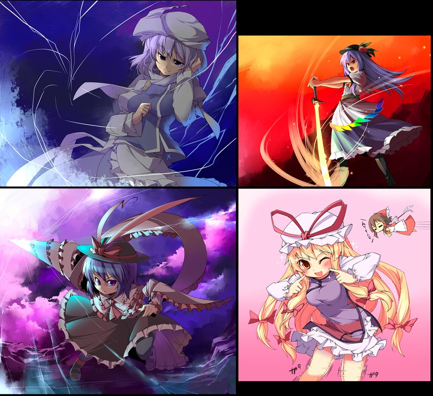 hakurei reimu, yakumo yukari, hinanawi tenshi, nagae iku, and letty whiterock (touhou) drawn by kokka_han