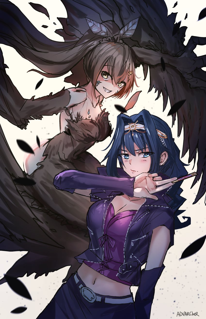 ouro kronii, nanashi mumei, kujaku mai, harpie lady, and harpie lady 1 (hololive and 3 more) drawn by advarcher