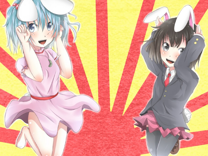 reisen udongein inaba, fujiwara no mokou, kawashiro nitori, and inaba tewi (touhou) drawn by shuga_(soranote)