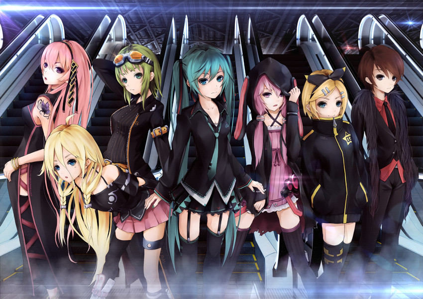 hatsune miku, kagamine rin, megurine luka, yuzuki yukari, meiko, and 2 more (vocaloid and 1 more) drawn by ajigo