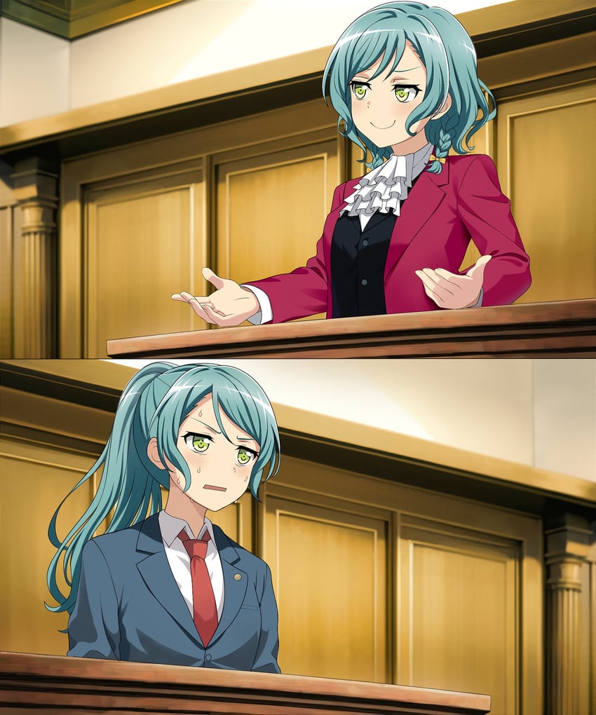 hikawa sayo, hikawa hina, phoenix wright, and miles edgeworth (bang dream! and 1 more) drawn by fries_vanquisher
