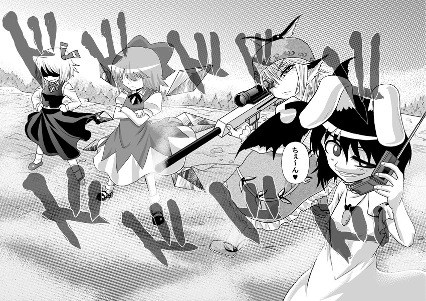 cirno, rumia, mystia lorelei, and inaba tewi (touhou) drawn by niiko_(gonnzou)