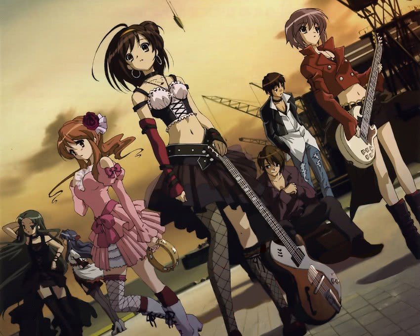 suzumiya haruhi, nagato yuki, asahina mikuru, kyon, asakura ryoko, and 2 more (suzumiya haruhi no yuuutsu)