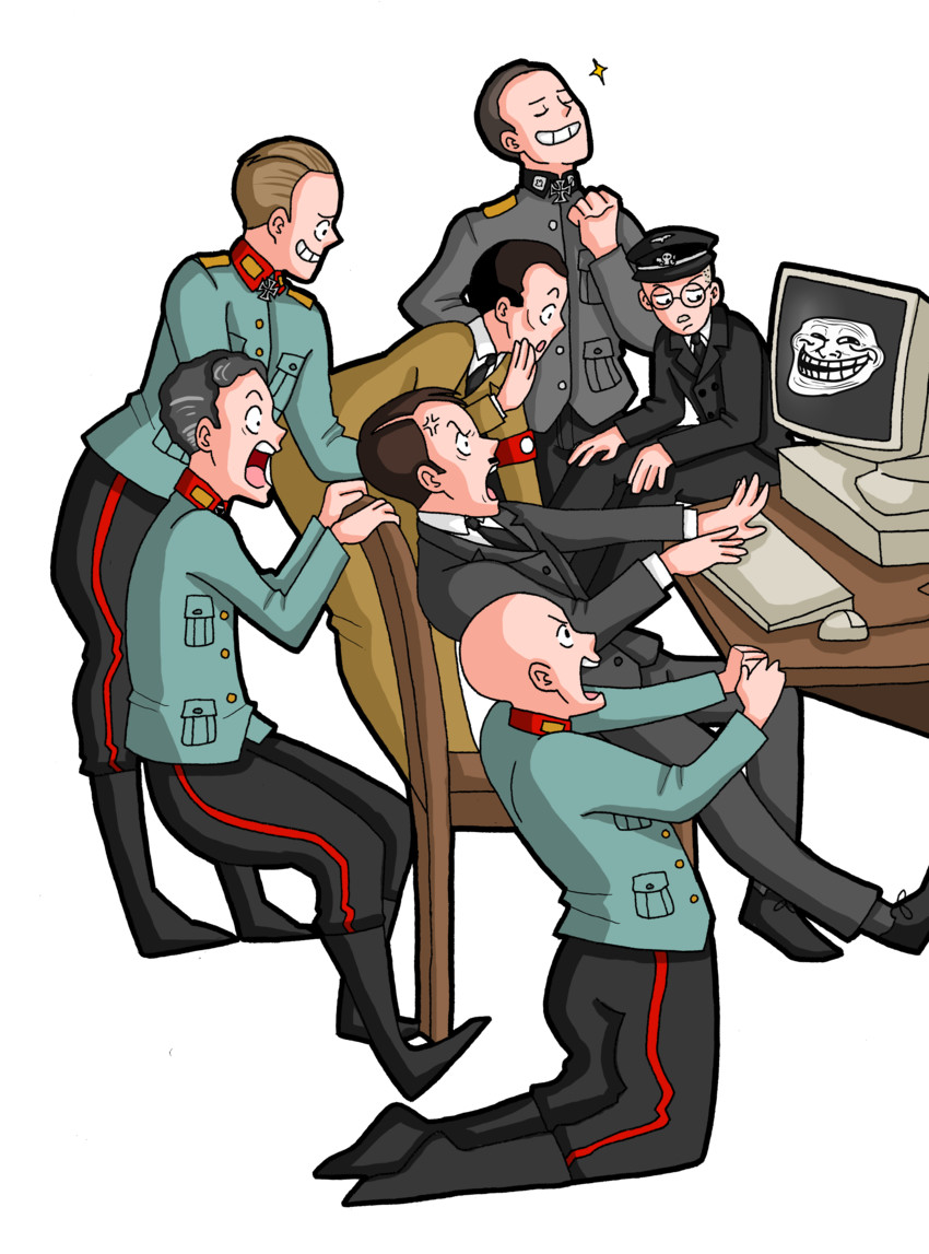 adolf hitler, trollface, heinrich luitpold himmler, joseph goebbels, hermann otto fegelein, and 3 more (real life and 1 more) drawn by bewegungsunfish