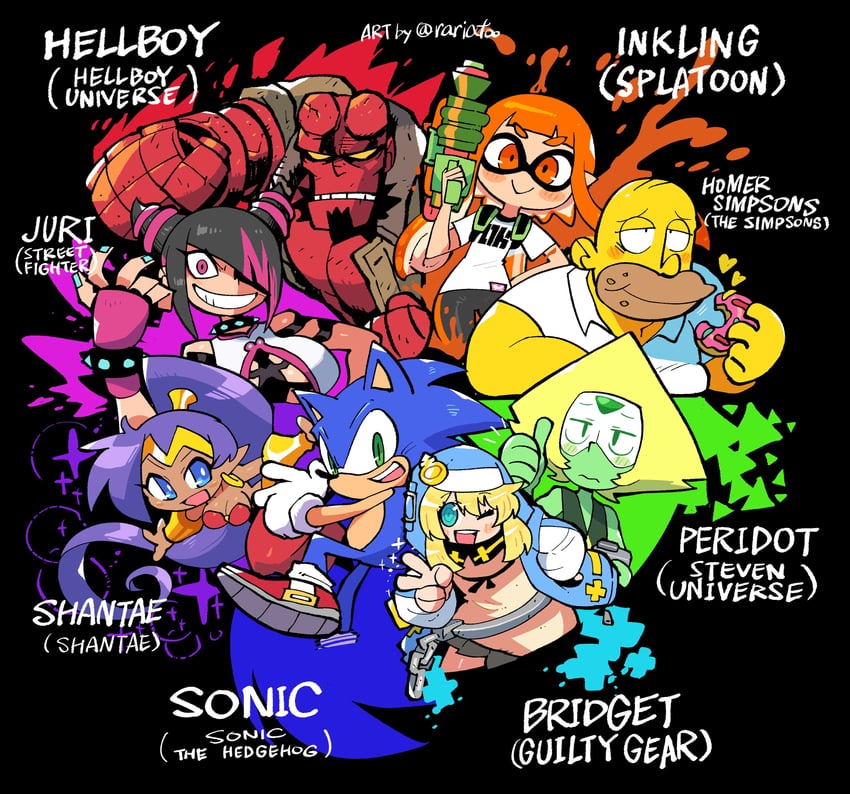 inkling player character, inkling girl, sonic the hedgehog, bridget, han juri, and 4 more (splatoon and 9 more) drawn by rariatto_(ganguri)