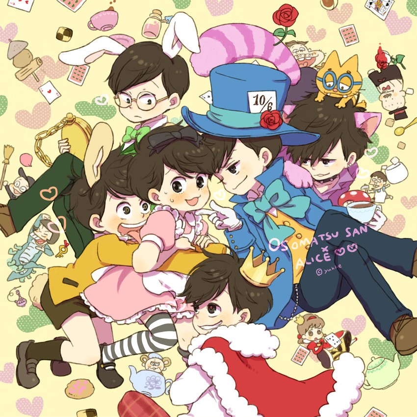 alice, matsuno osomatsu, matsuno karamatsu, matsuno ichimatsu, matsuno jyushimatsu, and 18 more (osomatsu and 3 more) drawn by yukke
