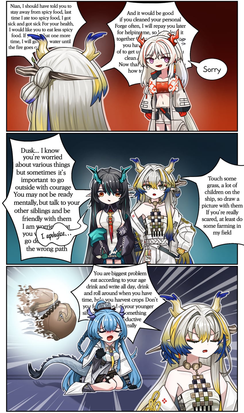 shu, dusk, nian, and ling (arknights) drawn by mater999