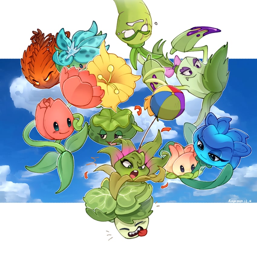 power lily, pokra, headbutter lettuce, boom balloon flower, rosemary, and 5 more (plants vs. zombies and 1 more) drawn by veghia