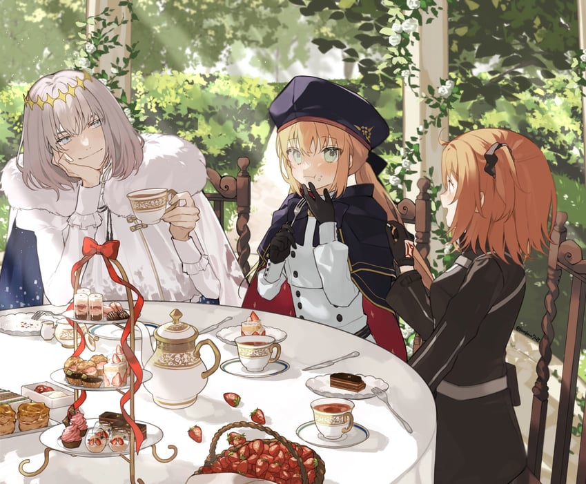 artoria pendragon, fujimaru ritsuka, artoria caster, and oberon (fate and 1 more) drawn by romo827