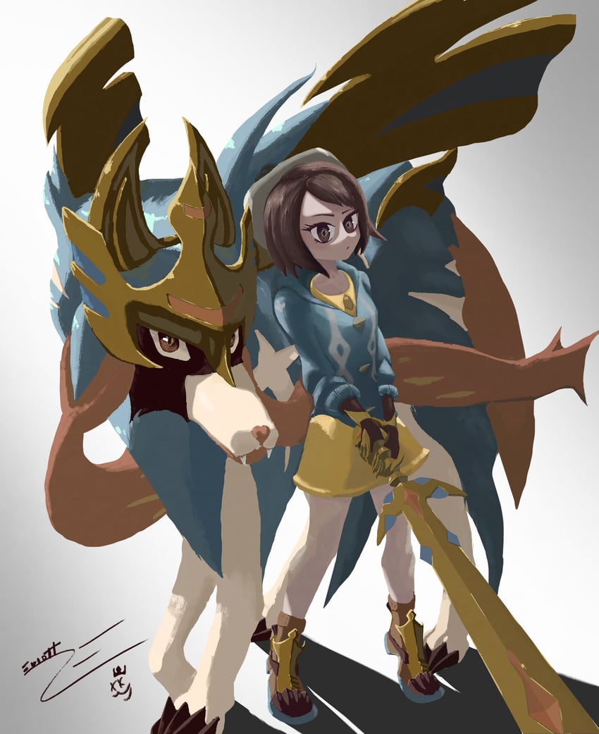 gloria and zacian (pokemon and 1 more) drawn by eriott
