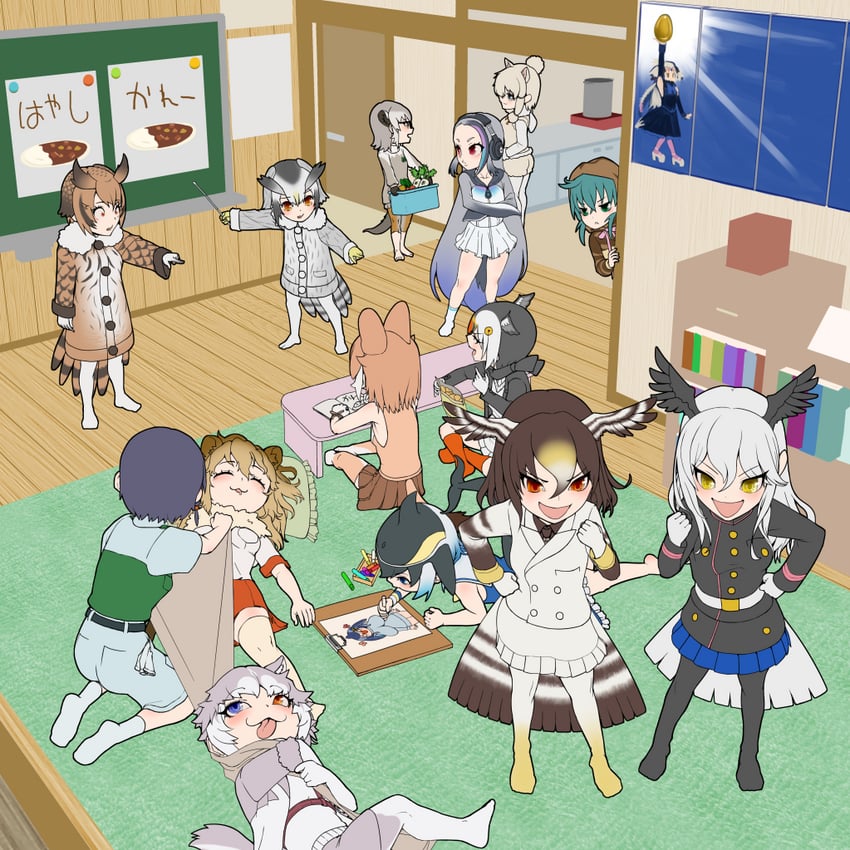 northern white-faced owl, captain, eurasian eagle owl, alpaca suri, dhole, and 11 more (kemono friends and 1 more) drawn by burikarun