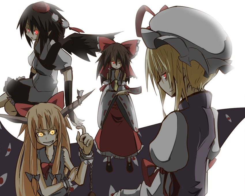 hakurei reimu, yakumo yukari, shameimaru aya, and ibuki suika (touhou and 1 more) drawn by asyura_kumo