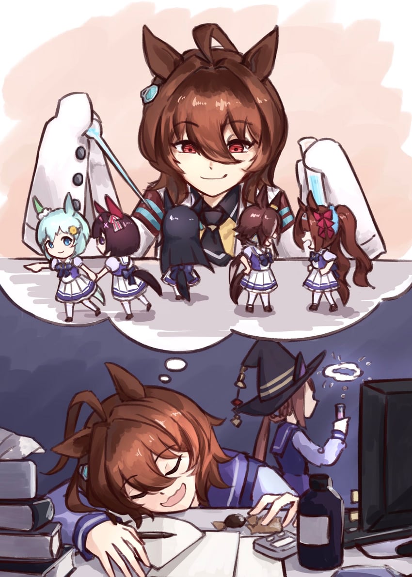 agnes tachyon, manhattan cafe, daiwa scarlet, vodka, seiun sky, and 2 more (umamusume) drawn by sumikaracafe