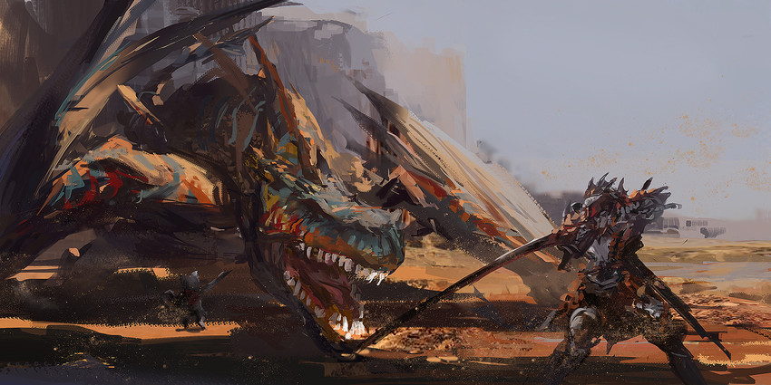 monster hunter, player palico, and tigrex (monster hunter) drawn by stu_dts