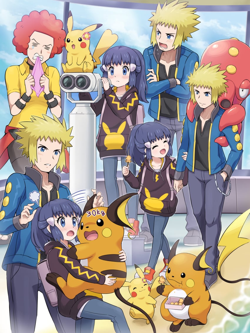 pikachu, dawn, raichu, volkner, flint, and 1 more (pokemon and 1 more) drawn by pokemoa