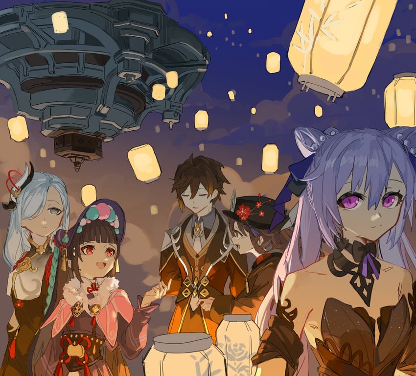 hu tao, zhongli, keqing, shenhe, and yun jin (genshin impact) drawn by kurattes