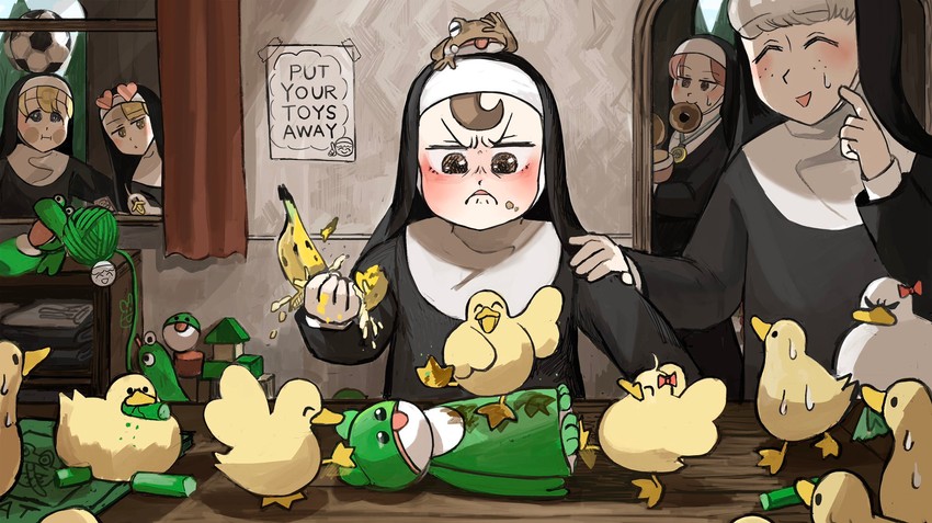 clumsy nun, froggy nun, spicy nun, sheep nun, and hungry nun (little nuns) drawn by diva_(hyxpk)