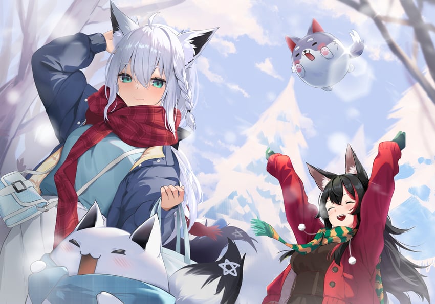 shirakami fubuki, ookami mio, fubuzilla, and miofa (hololive) drawn by miaohik