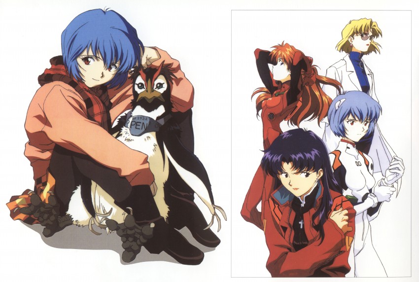 souryuu asuka langley, ayanami rei, katsuragi misato, akagi ritsuko, and penpen (neon genesis evangelion) drawn by sadamoto_yoshiyuki