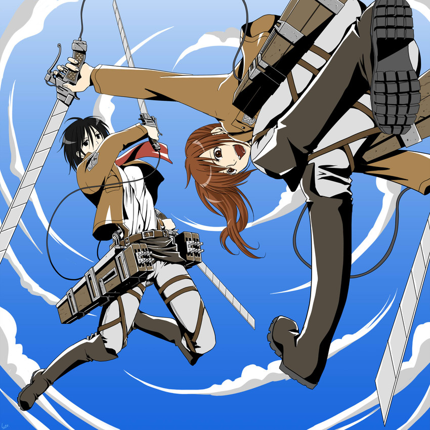 mikasa ackerman and sasha blouse (shingeki no kyojin) drawn by suzune