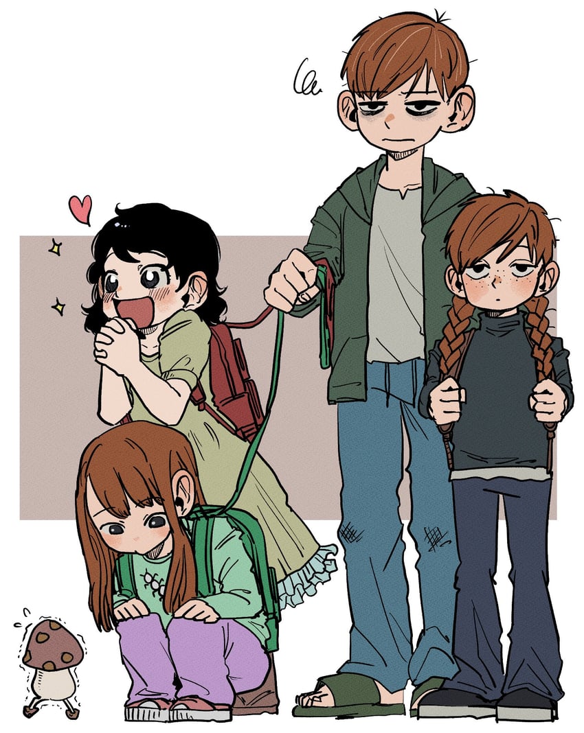 chilchuck tims, walking mushroom, mayjack, fullertom, and packpatty (dungeon meshi) drawn by janbanclear