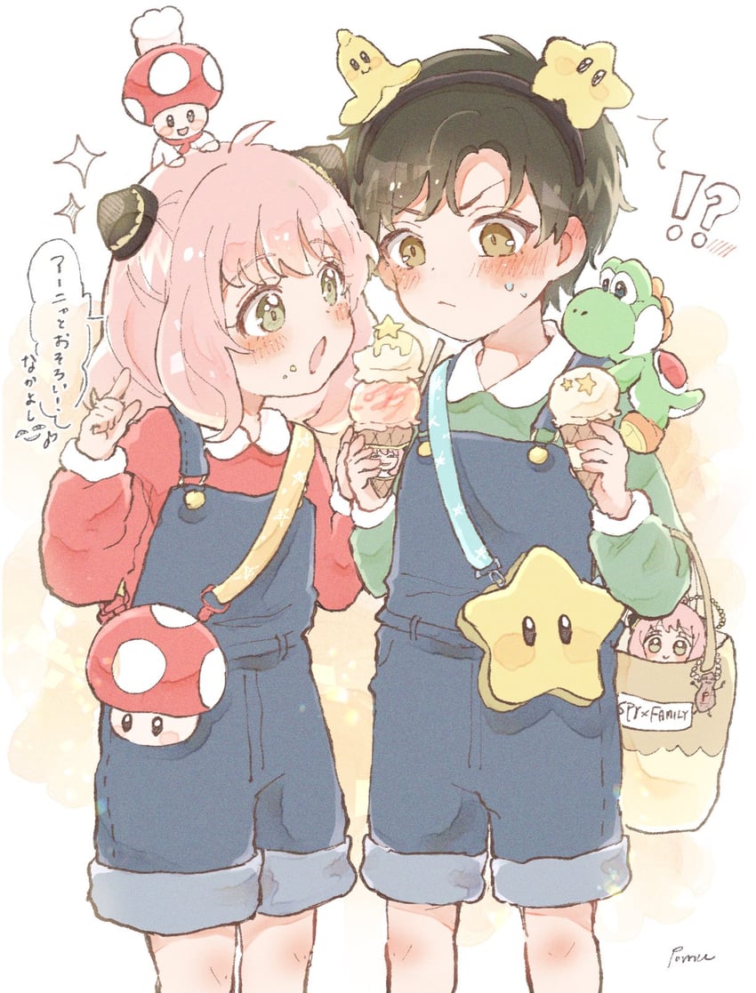 anya, mario, luigi, damian desmond, yoshi, and 2 more (mario and 1 more) drawn by pomu_spy