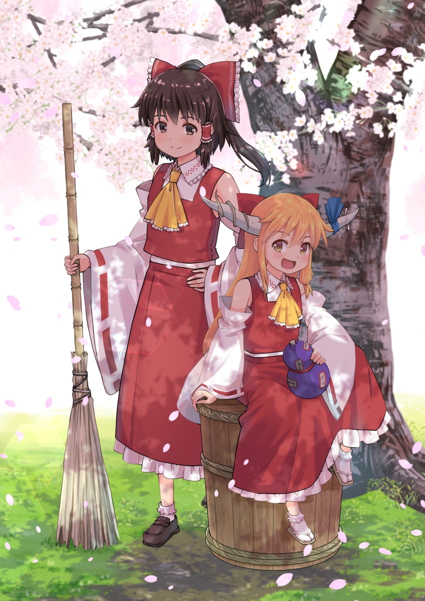 hakurei reimu and ibuki suika (touhou) drawn by haniwa_(leaf_garden)