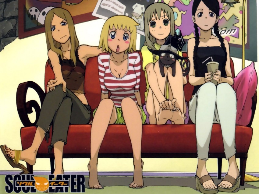 maka albarn, nakatsukasa tsubaki, patricia thompson, elizabeth thompson, and blair (soul eater) drawn by itou_yoshiyuki