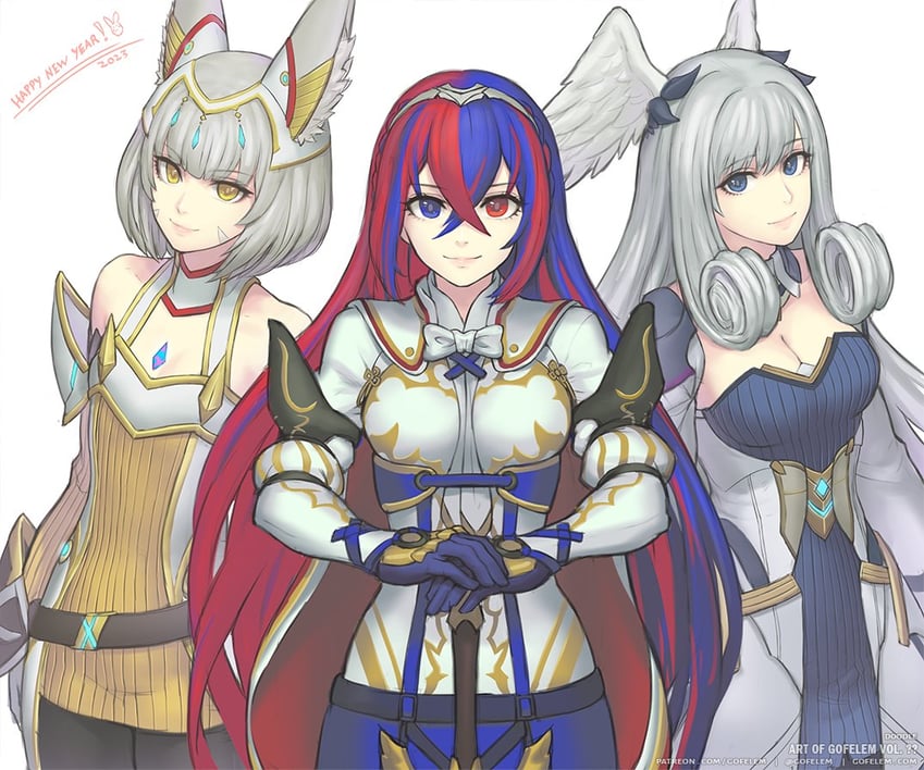 nia, female alear, and melia antiqua (fire emblem and 3 more) drawn by gofelem